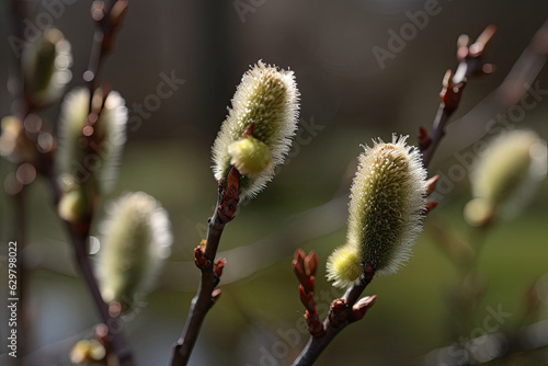 Blooming willow buds. Generative AI.