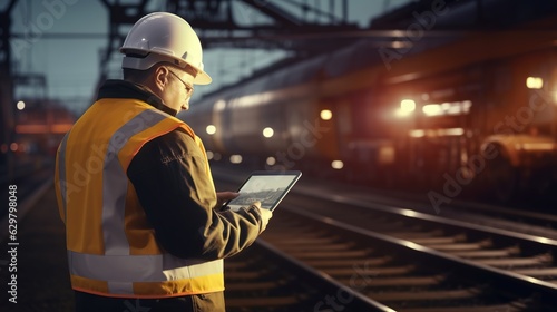 Engineer using tablet checking and analysis data systems electrics of track on railway on networking, Modern Industrial and transportation.