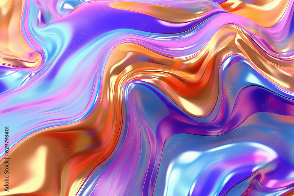 Fototapeta premium Metallic irridescent abstract multi colored wavy liquid background. Generative AI.