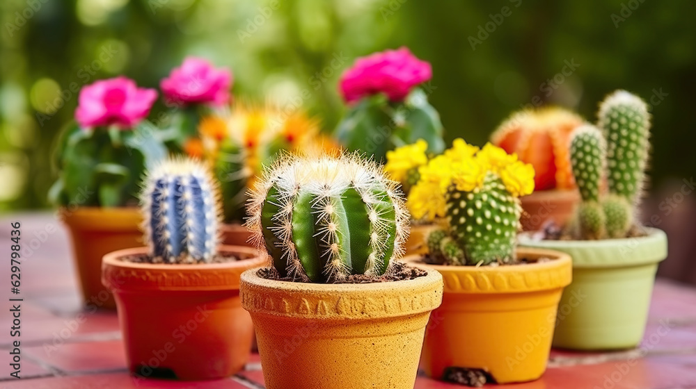 Colorful Cacti in Flowerpots Flourishing Against a Serene Green Nature Backdrop. Generative AI