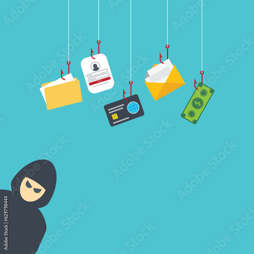 Hacker and cybercriminal phishing, identity theft, user login, password, documents, email and credit card. Hacking and web security. Internet phishing concept.