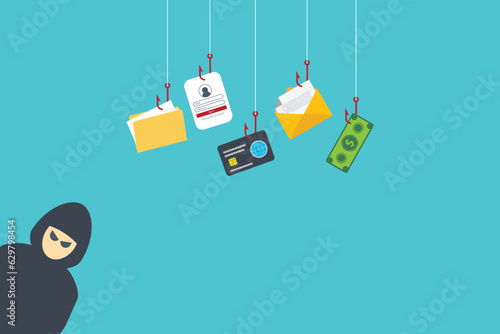 Hacker and cybercriminal phishing, identity theft, user login, password, documents, email and credit card. Hacking and web security. Internet phishing concept.