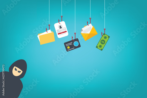 Hacker and cybercriminal phishing, identity theft, user login, password, documents, email and credit card. Hacking and web security. Internet phishing concept.