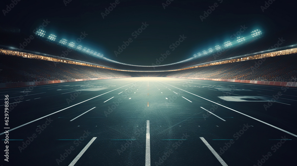 Asphalt racing track finish line and illuminated race sport stadium at night. Generative AI - obrazy, fototapety, plakaty 