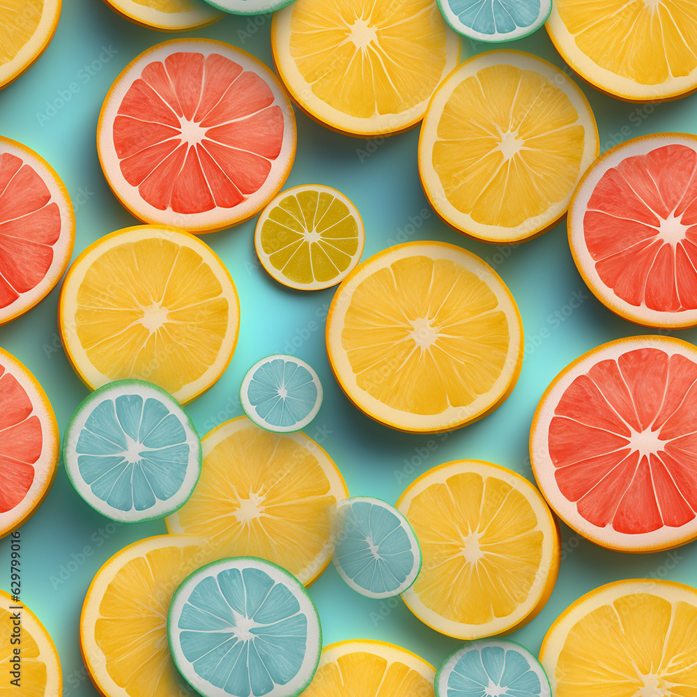 Obraz premium A refreshing tile adorned with vibrant citrus fruit slices, showcasing the zesty hues of oranges, lemons, and limes, evoking a burst of tangy and invigorating sensations.
