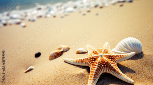 A starfish and seashells on a sandy beach, Generative AI
