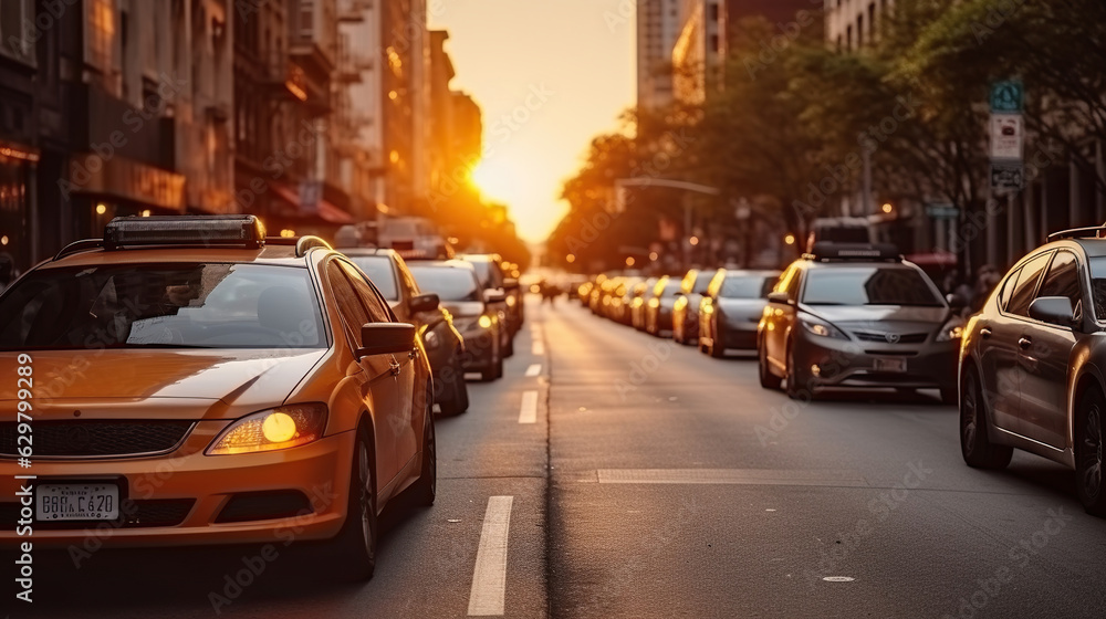 Sunset Rush, Capturing the Vibrant Tapestry of Car Traffic on City Streets. Generative AI