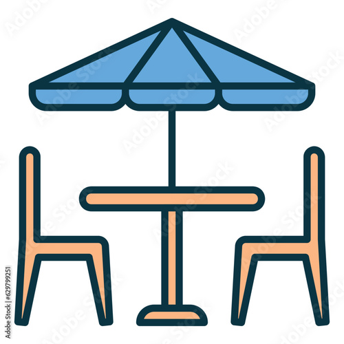 Icon of patio furniture or garden table with umbrella and chairs