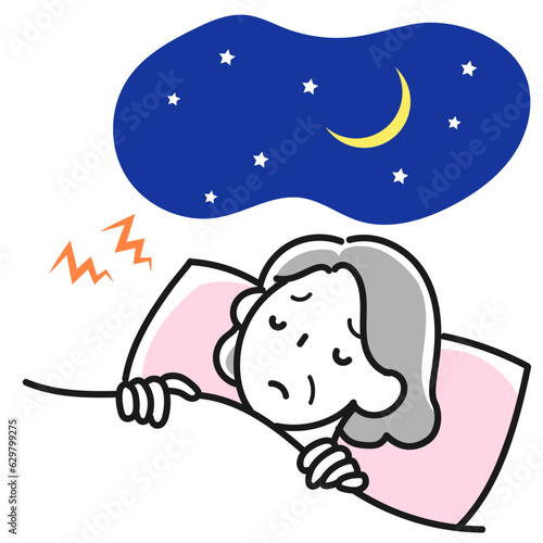 眠れなくてストレスを感じているシニア女性のイラスト