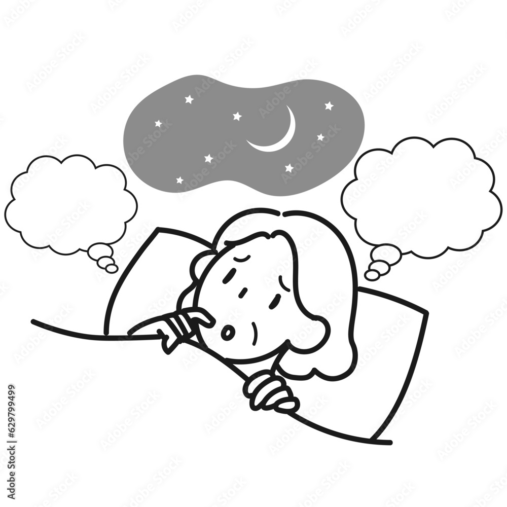 思い悩んで眠れないシニア女性のイラスト 思い悩んで眠れないシニア女性のイラスト
