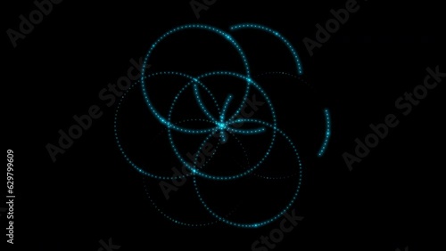 Flower of life made of small neon blinking dots isolated on black background. Sacred geometry. 4k loop video animation 60 fps.