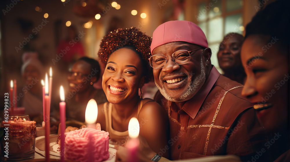 couple celebrating birthday.Joyful senior African woman and family blowing candles on birthday cake,  with her husband, celebrating her birthday.cozy mood and pastel theme.