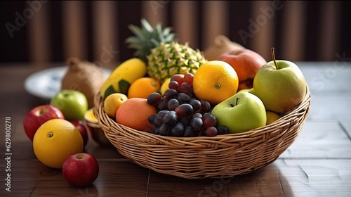 Basket and fresh fruits on wooden table. Generative AI