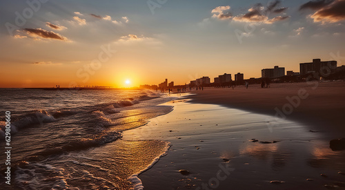 Sunset on Brighton Beach in Brooklyn, New York City. Generative AI photo