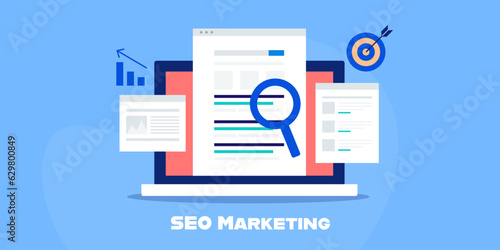 Search engine keyword ranking on laptop screen, website optimization, content marketing and web traffic growth analytics, target audience conceptual web banner, vector banner template.