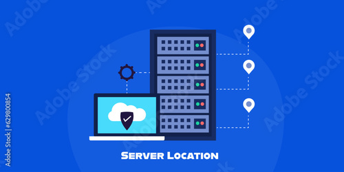 Web hosting server location map pointer, cloud computing technology, secure data transfer, cybersecurity conceptual abstract web banner, vector illustration.
