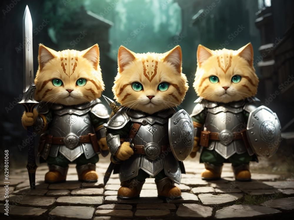 3 cats wearing a sword and a shield 3 cats wearing a sword and a shield
