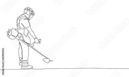 Man mowing grass one line continuous vector illustration. Concept of garden banner. Line art, outline hand draw illustration.