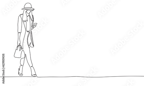 Fashion woman is going with phone one line continuous vector illustration. Concept of fashion banner. Line art, outline hand draw illustration.