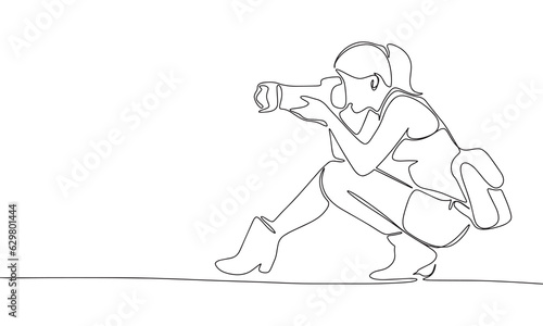 Woman photographer one line continuous vector illustration. Concept of journalist banner. Line art, outline hand draw illustration.