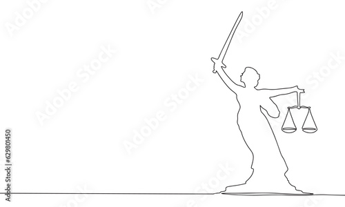 Themis one line continuous vector illustration. Concept of justice banner. Line art, outline hand draw illustration.