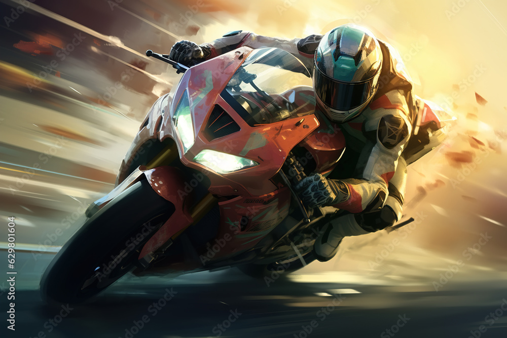 Front view motorcyclist racer entering turn, motorcycle racing illustration. A driver in a helmet riding a sports bike fast