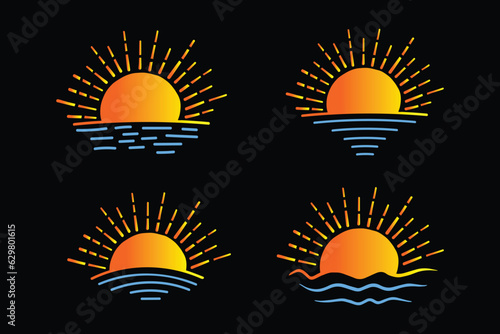 
set of hand-drawn isolated sun vectors, summer Sunrise Sunset sunshine sunlogo icon, Rising sunlight icon, Summertime sunbeam icons, line art Yellow sun collection, hot weather icons, water waves
