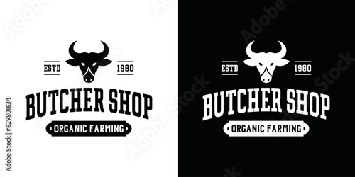 Farmers market logo template badge label stamp set. Trendy retro style logotype, farm natural organic product food, animal, beef. Antique.