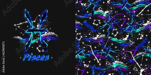 Label, pattern with icon of zodiac sign Pisces with constellation, text, paint splatter, smudge, brush strokes. Horoscope esoteric element of the element of water. For decoration in street style