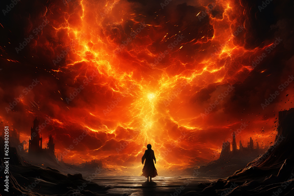 Hell, inferno illustration concept. Back view of silhouette of lonely woman sinner in dress walking along road into fiery burning sky Hell, inferno illustration concept. Back view of silhouette of lonely woman sinner in dress walking along road into fiery burning sky