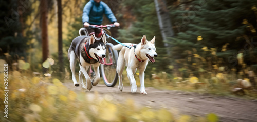 Fast Siberian Husky sled dogs pulling bike with cyclist in forest