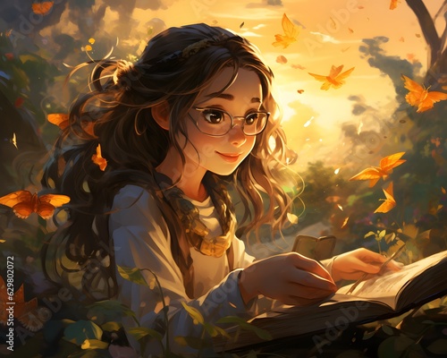young girl sitting on grass reading a book in the magical forest.