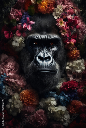 Gorilla abstract portrait with flowers and leaves. Creative animal portrait. Generative Ai.