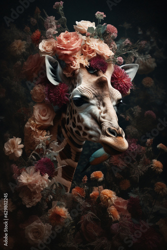 Giraffe abstract portrait with flowers and leaves. Creative animal portrait. Generative Ai.