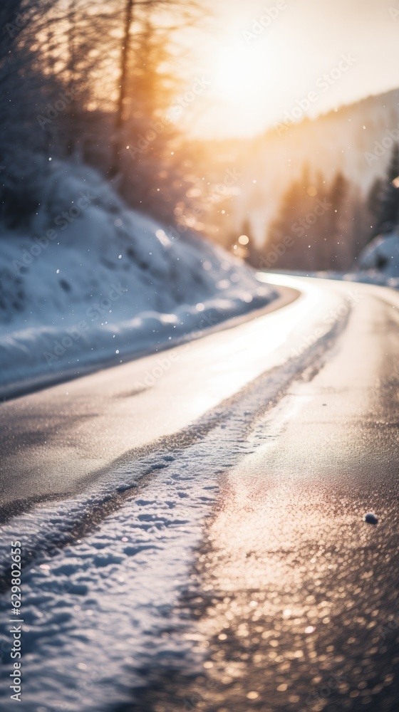 Sunny winter road covered with snow. Generative AI Sunny winter road covered with snow. Generative AI