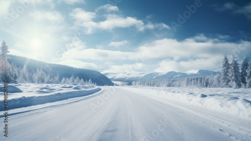 Sunny winter road covered with snow. Generative AI © ColdFire