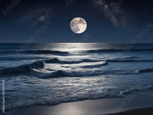 Night ocean landscape full moon and stars shine 8k 