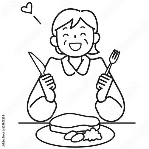 笑顔でがっつり食べるシニア女性