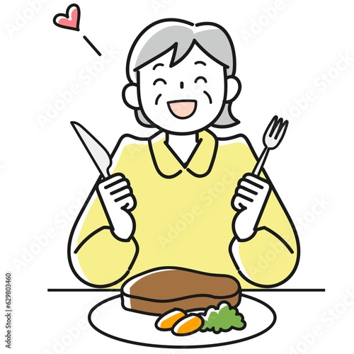 笑顔でがっつり食べるシニア女性