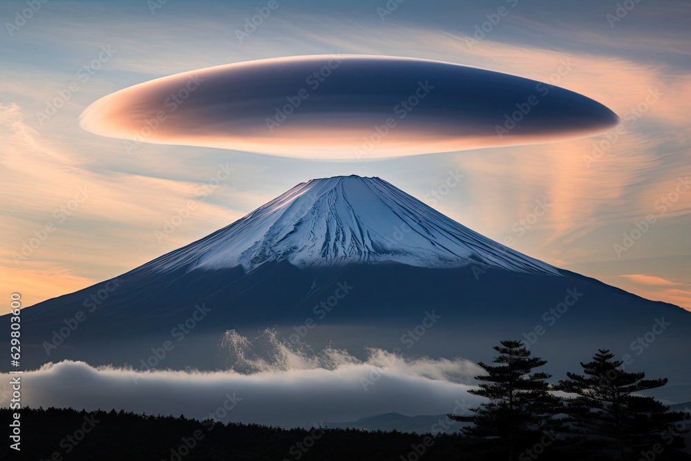 A cloud of an unusual round shape over the top of a mountain. Generative AI.