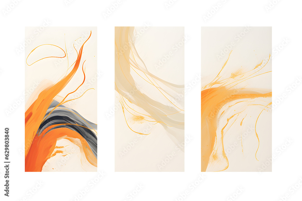 Set of banners elegant abstract brush strokes in gold, isolated on white and transparent background, ai generate