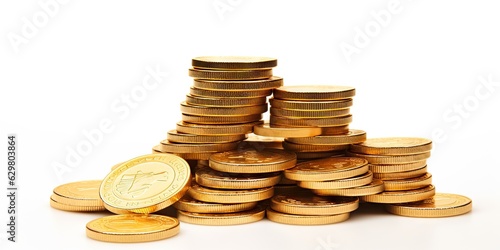 Business concept. Pile of currency for financial investment. Economy and finance. Stack of golden coins on white background