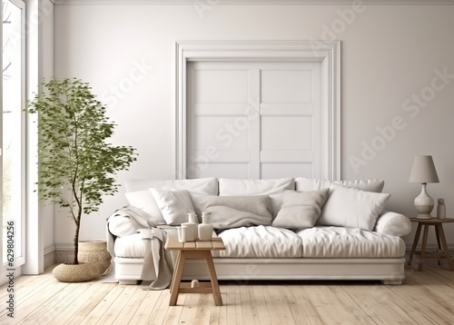 Wall mockup in a Scandinavian farmhouse living room interior with 3D render. Created with Generative AI technology © mafizul_islam