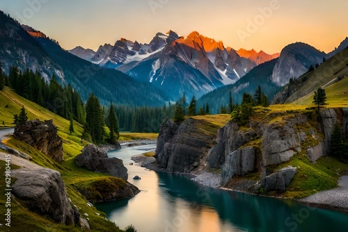 River canyon in mountains. High quality photo. Selective focus.AI generated