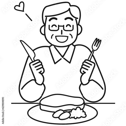 笑顔でがっつり食べるシニア男性