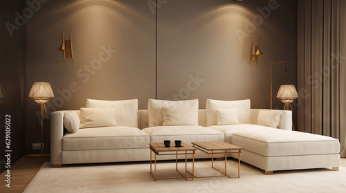 A lightly textured beige wall  paired harmoniously with indoor lighting and a white American - style sofa  creates a warm and modern atmosphere. Generative AI