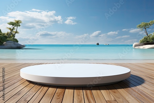 Wooden podium for display product, placed on a pristine white beach, with the serene ocean backdrop enhancing the product's simplicity. Generative AI