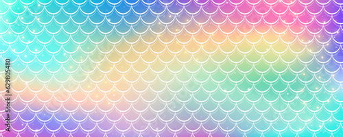 Mermaid rainbow background in fantasy style with scales. Unicorn holographic gradient texture. Sea fish kawaii vector backdrop.