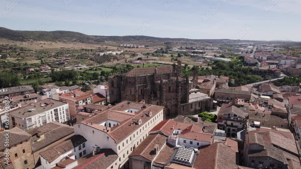 Aerial orbit around landmark gothic cathedral in city Plasencia in Spain, summer Aerial orbit around landmark gothic cathedral in city Plasencia in Spain, summer