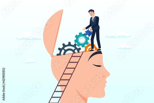 Man climb up ladder to fix and lubricate gear cogs on his brain head, brain maintenance, fixing emotional and mental problem, boost creativity and thinking process or improve motivation (Vector)